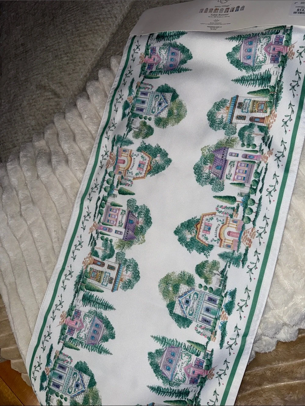 Lenox Spice VillageWhite & Green Scenic Village Table Runner with Pastel Accents
